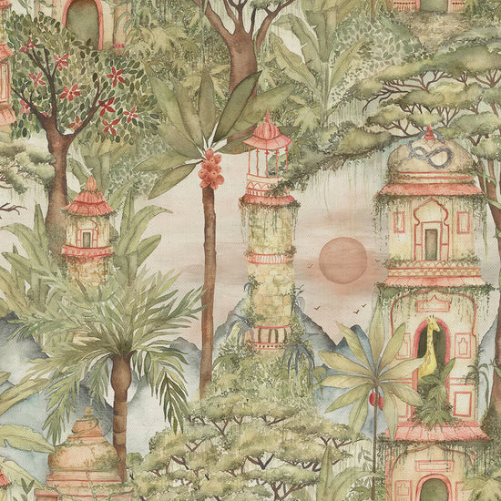 Eden Ruins Printed Cotton Green Curtains